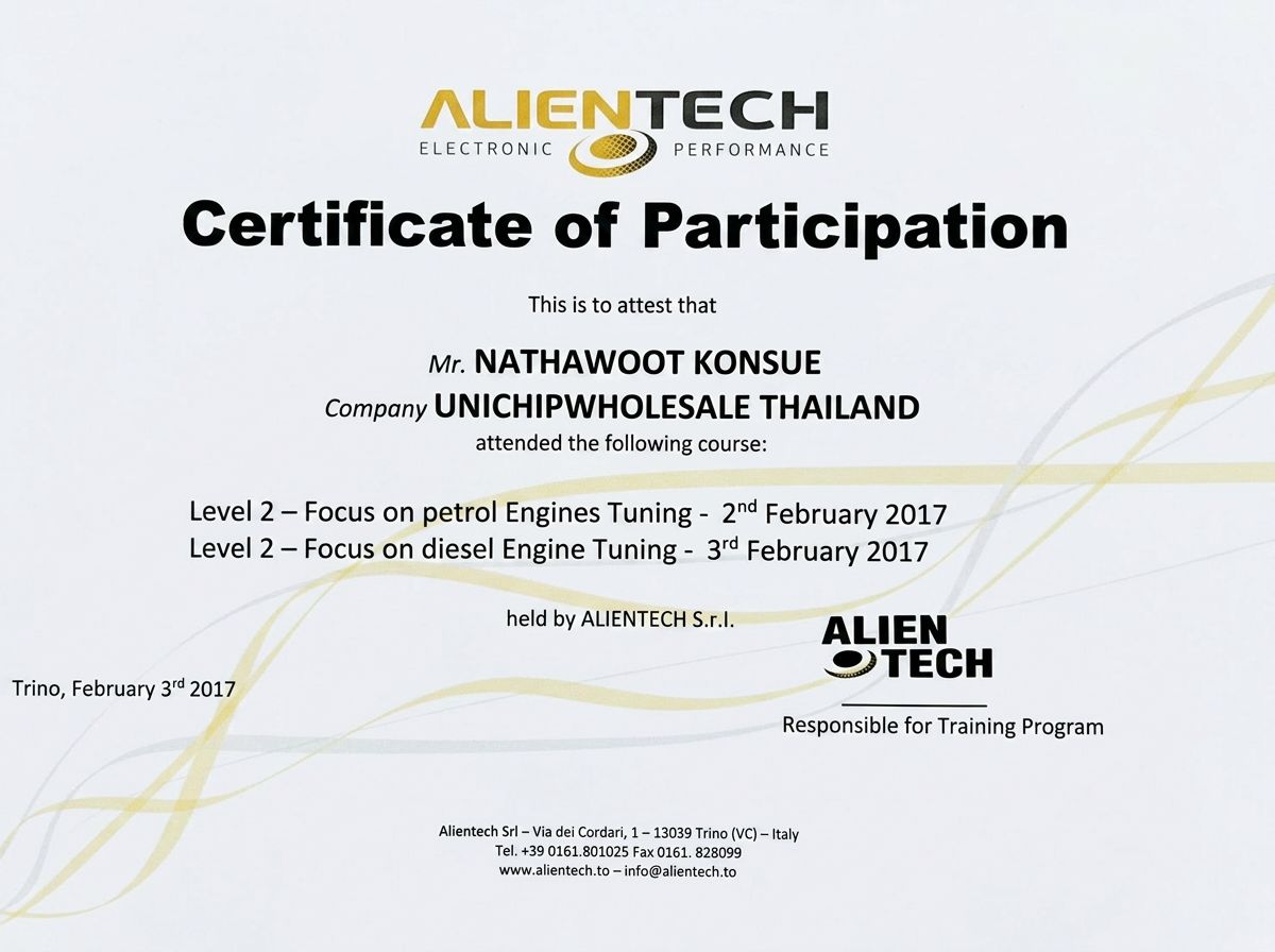 Alientech Certificate of Participation Level 2 — Petrol & Diesel Engine Tuning 2017