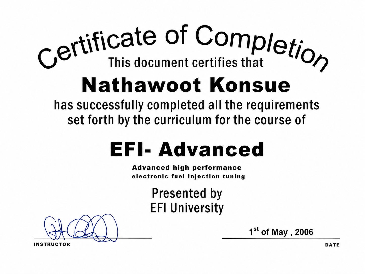 EFI University Certificate of Completion — EFI Advanced High Performance Tuning 2006