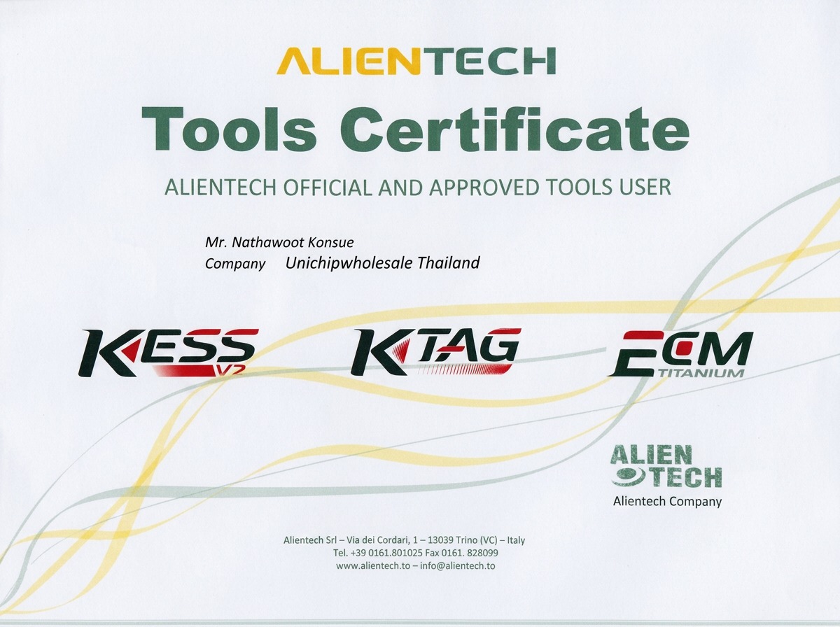 Alientech Tools Certificate — ผู้ใช้เครื่องมือ KESS, K-TAG, ECM Titanium อย่างเป็นทางการ